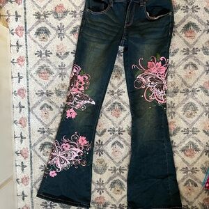 Hot Topic Pink Butterfly Rhinestone Flare Denim